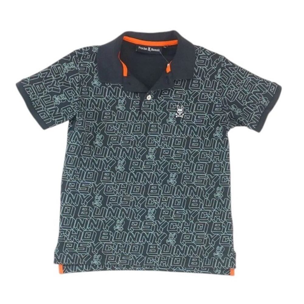 Psycho Bunny Polo Shirt Boys Medium 10-12 Blue AOP Logo Short Sleeve